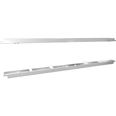 'Two long, narrow, silver metal parts side by side, possibly components of a shelf or rail system.'