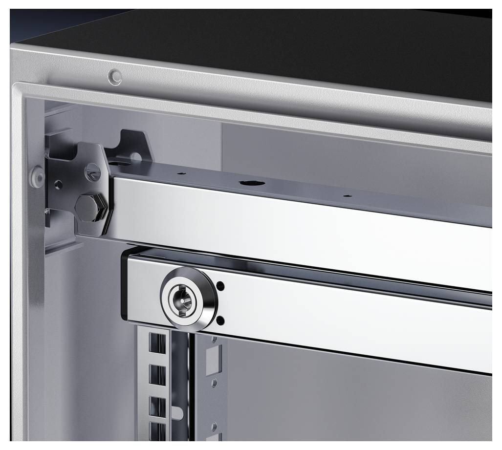 Close-up of a hinge in a metal cabinet with a shiny surface and fixing screws.