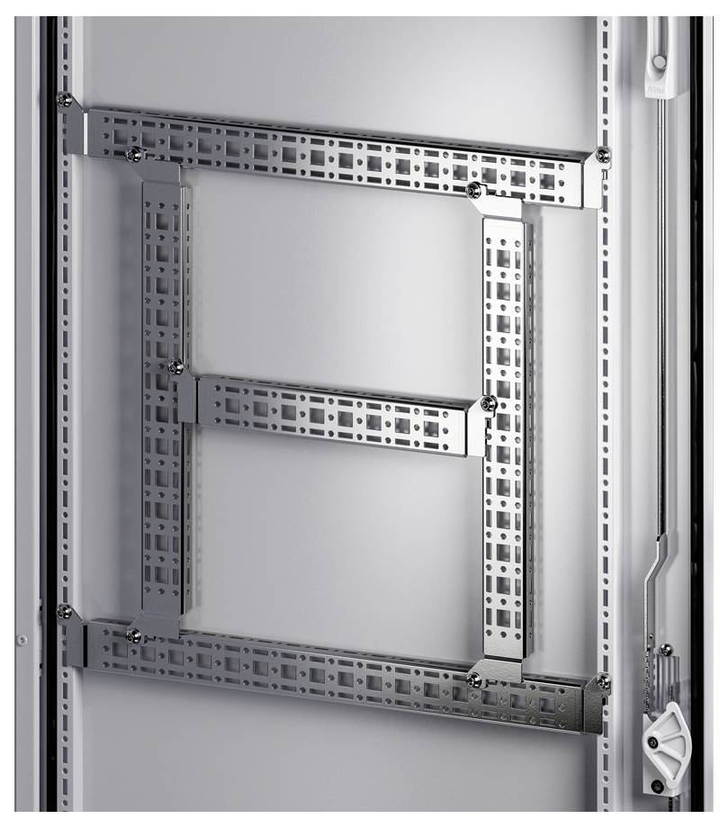 A silver metal frame with a rectangular pattern on a white wall mounting, consisting of horizontal and vertical struts.