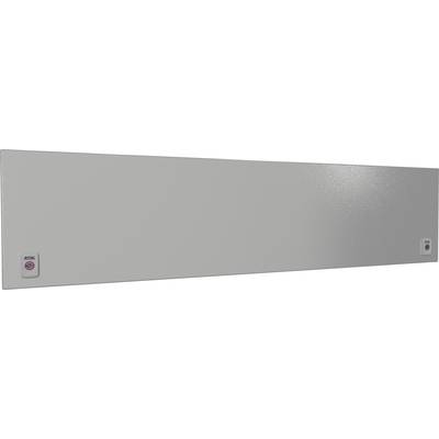 A grey, rectangular metal panel with two small, round buttons at its ends.