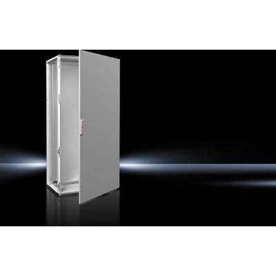 An open, grey electronics cabinet against a black background, illuminated from the left.