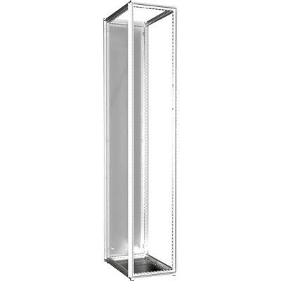 A rectangular, empty metal frame that serves as the base structure for a control cabinet system. White background.