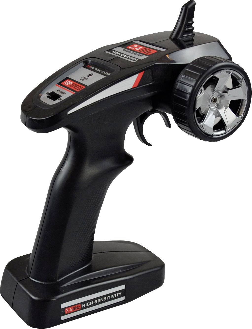 A black remote control with a large wheel and a trigger for remote-controlled cars. Switches and buttons are visible on the top.