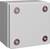 Square, grey metal enclosure with four screws in the corners, each surrounded by a pink ring.
