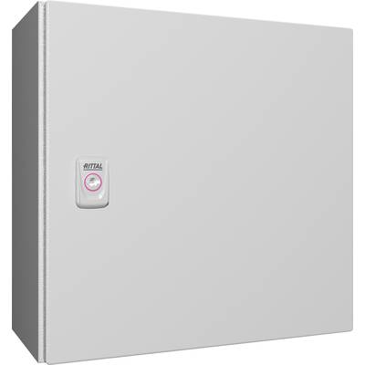 A square, grey electrical cabinet with a small, centrally positioned handle in the middle of the right-hand side; brand 'Rittal'.