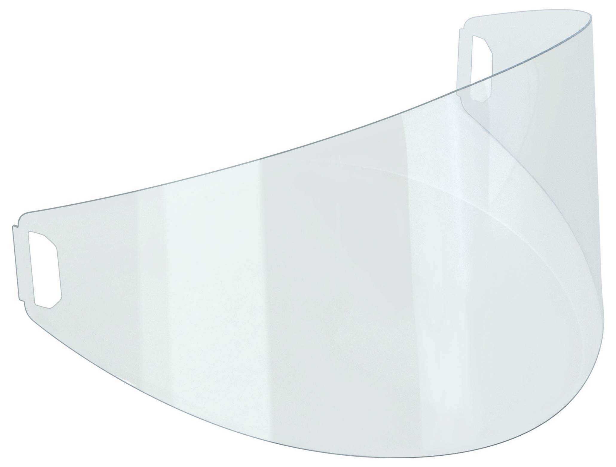 A clear, curved plastic face shield visor with attachment slots on both ends.