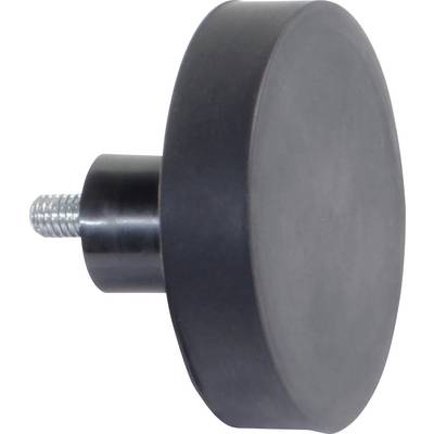 Circular, black rubber buffer component with a metal screw, suitable for machine mountings or as a shock absorber in industrial applications.