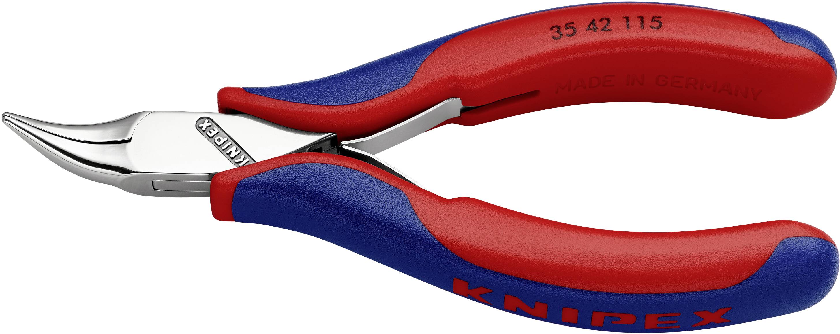 A curved precision cutting pliers with red and blue handles, suitable for fine cutting work in electronics.