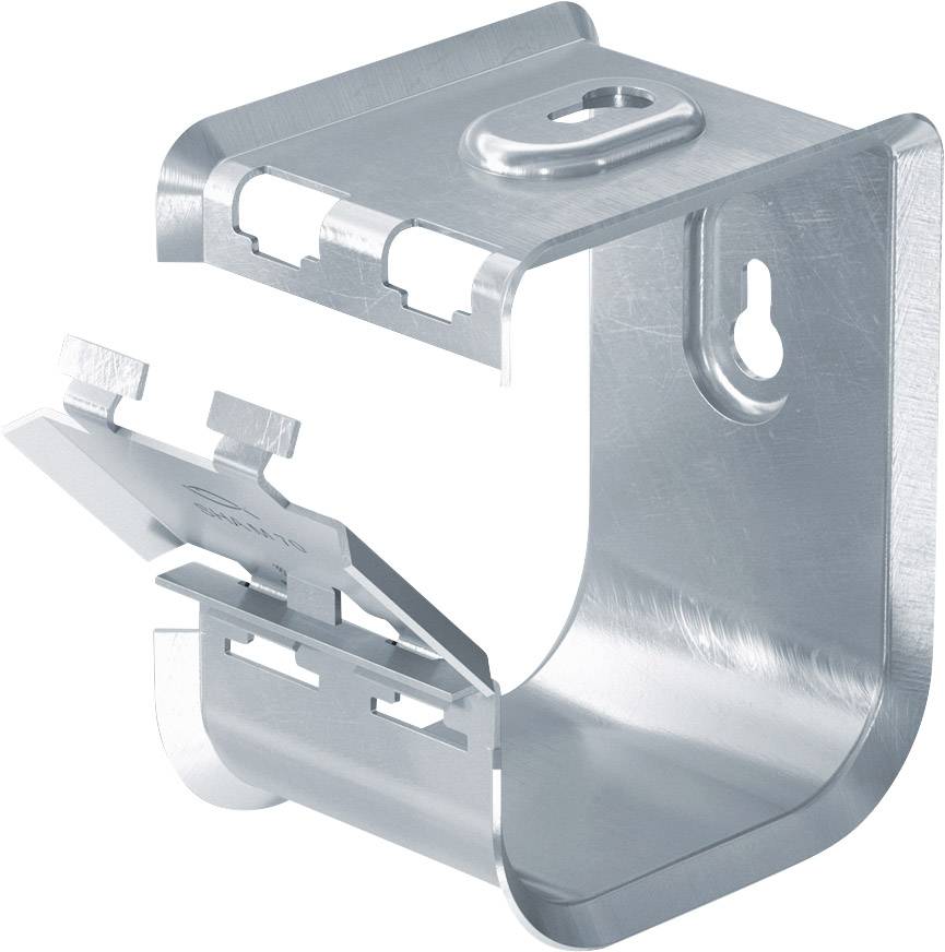 'Metal mounting clip for securing cables or pipes, with a hinged closure and a keyhole opening for easy installation.'