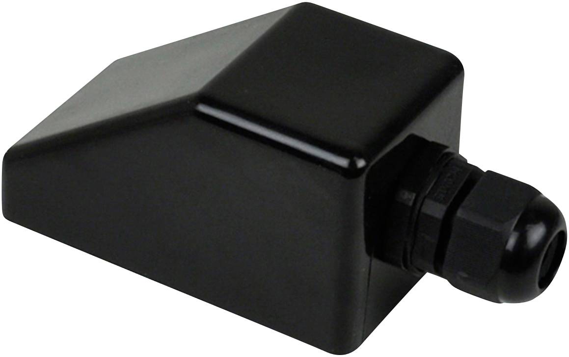 Black plastic cable grommet with hexagonal housing and cable gland on one side, for cable fastening.