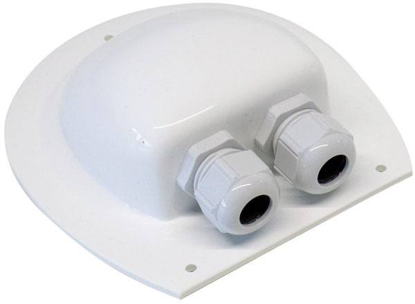 A white cable gland with two grey screws, designed for sealing cable openings on surfaces such as roofs or boats.