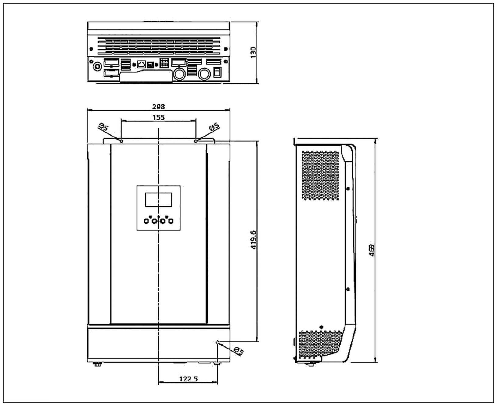Technical drawing of a rectangular device with dimensions: width 208 mm, height 409 mm, depth 127.5 mm, rear and side view.