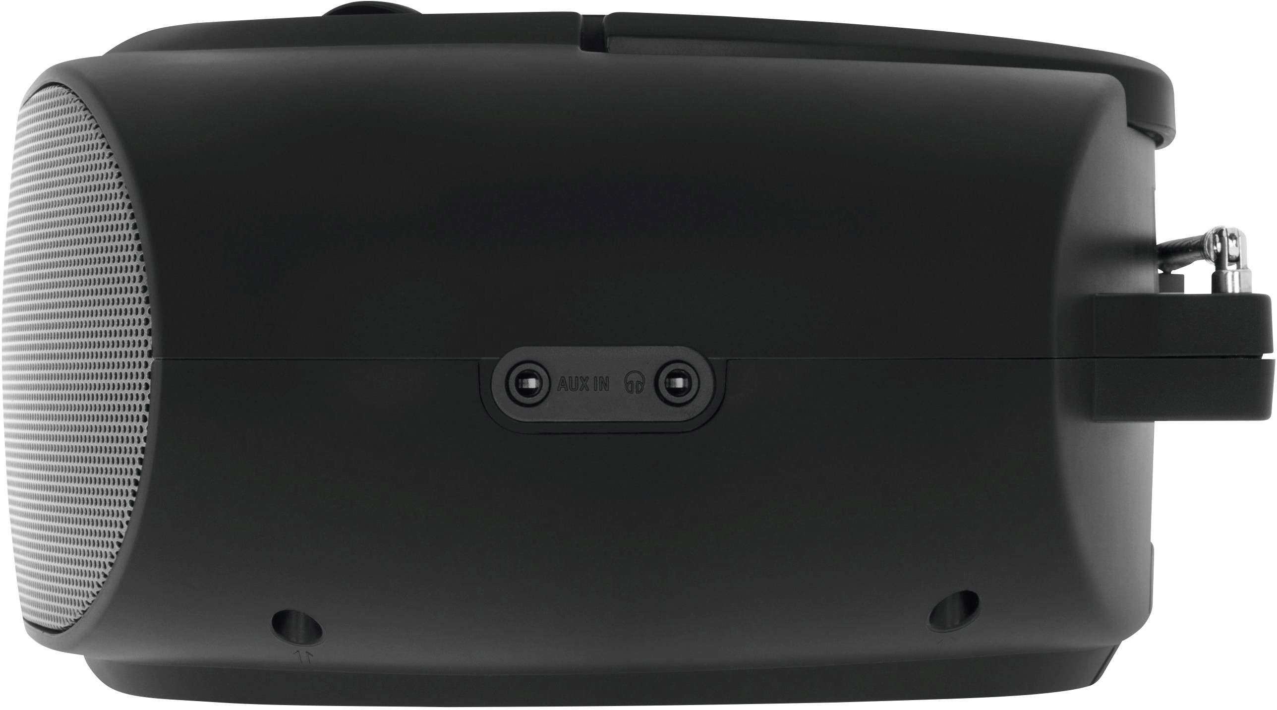 A portable speaker with a compact, black design. Shows the side with auxiliary input and power supply sockets.