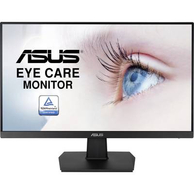 An ASUS monitor with eye care functionality and TÜV Rheinland certification displays a large eye on the screen.