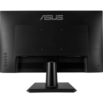 Back of a black monitor with the ASUS logo at the top. Multiple connection ports are visible on the sides.