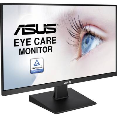 An ASUS monitor with the inscription 'EYE CARE MONITOR', displaying a close-up image of a human eye, TÜV-certified.