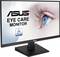 An ASUS monitor with the inscription 'EYE CARE MONITOR', displaying a close-up image of a human eye, TÜV-certified.