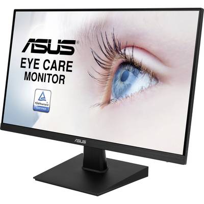 An ASUS monitor with the inscription 'Eye Care Monitor' and 'TÜV Rheinland Certified', shows a close-up detailed image of an eye.
