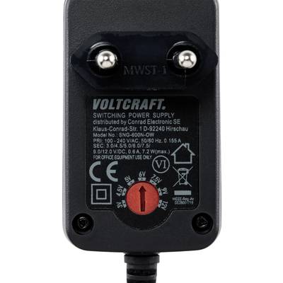 Black power supply, brand 'Voltcraft', model SNG-600N-OW. Output voltage adjustable from 3 to 12V. Max. 600 mA.