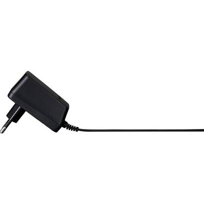 Black power adapter with cable and EU plug, lying sideways.