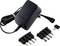 Black universal power adapter with multiple interchangeable plug adapters and a cable secured with a rubber band.