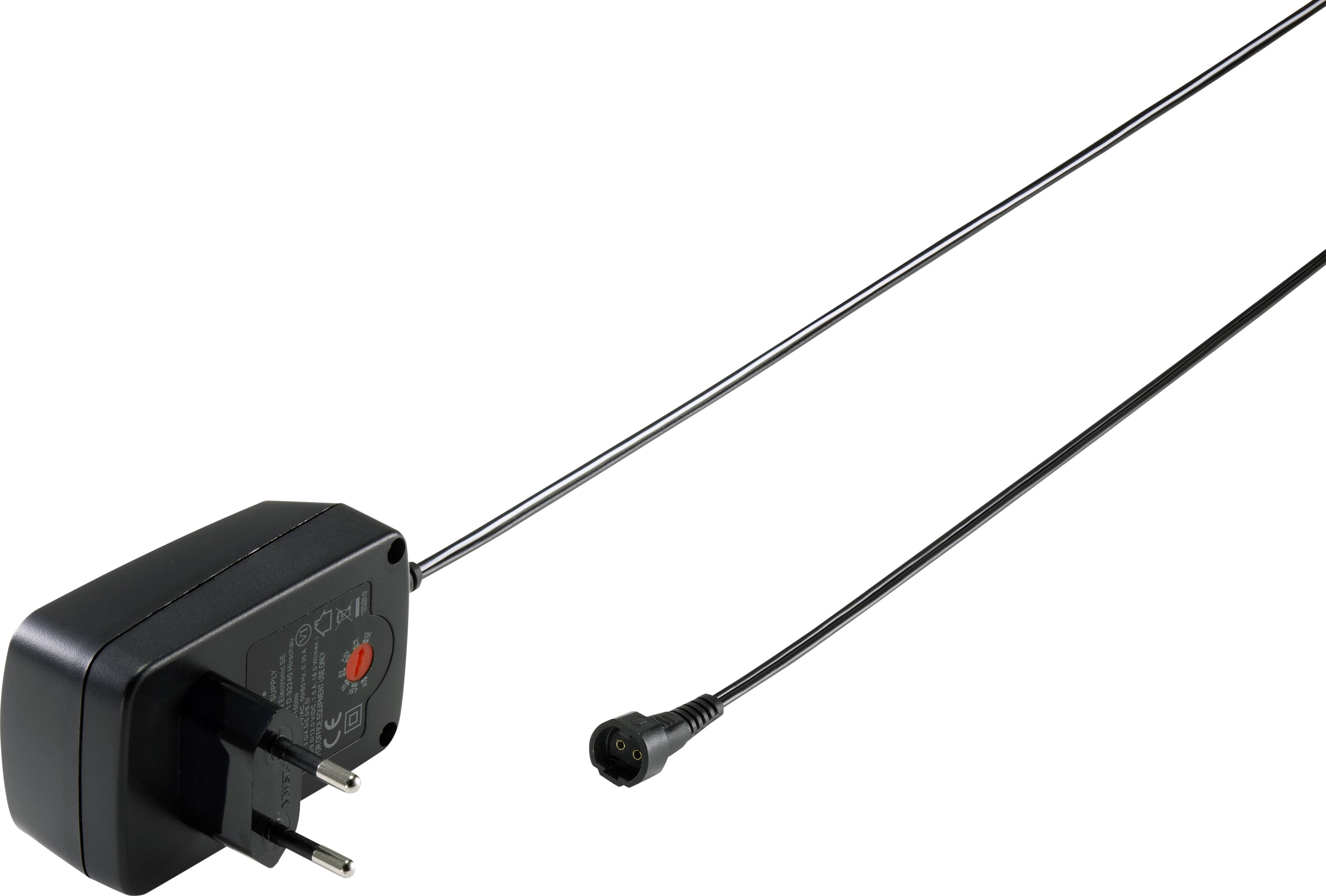 A black power supply with EU plug and long cable, terminating in a round connector. Suitable for electronic devices.