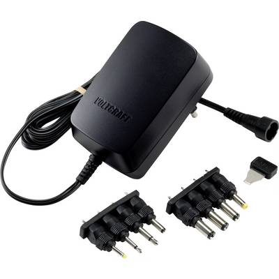 Power supply adapter with multiple interchangeable plugs for various devices, also includes a tool for changing the plugs.