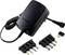 Power supply adapter with multiple interchangeable plugs for various devices, also includes a tool for changing the plugs.