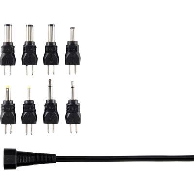 Several black adaptor plugs of different sizes next to a cable connection.