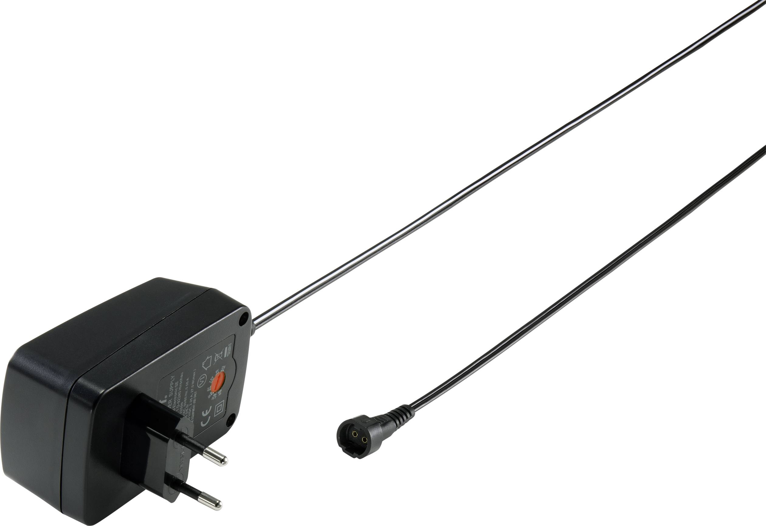 Black power adapter with EU plug and long cable. Suitable for charging electronic devices. Neutral background colour.