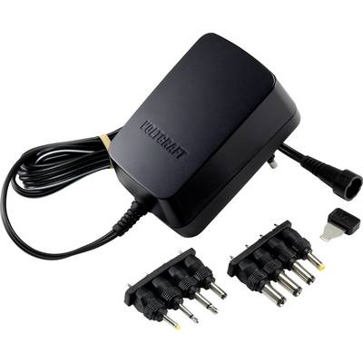Black power supply with multiple interchangeable adapter plugs, suitable for various electronic devices.