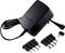 Black power supply with multiple interchangeable adapter plugs, suitable for various electronic devices.
