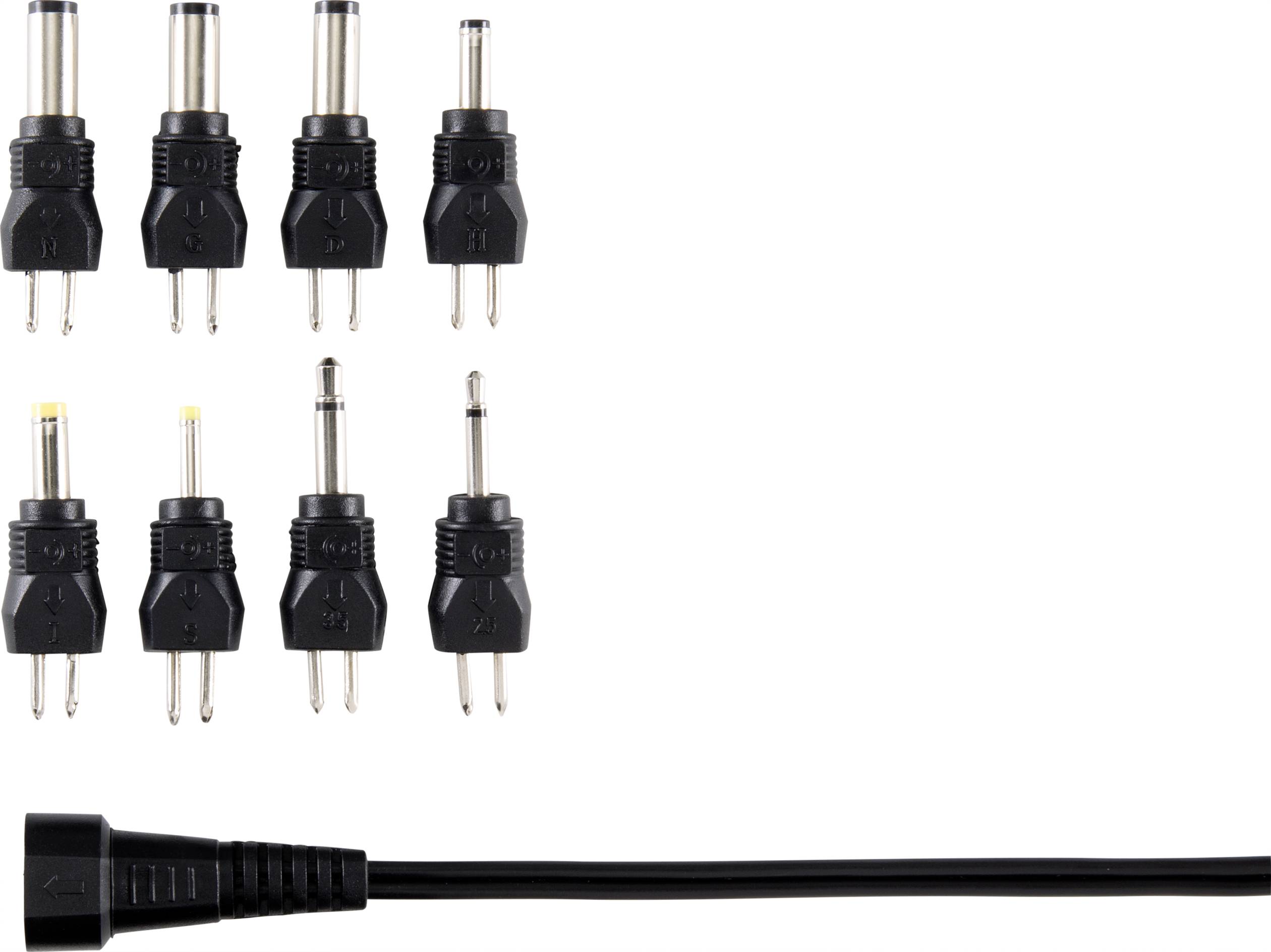 Eight different black plug adapters and a cable are shown that can be used for various electronic connections.