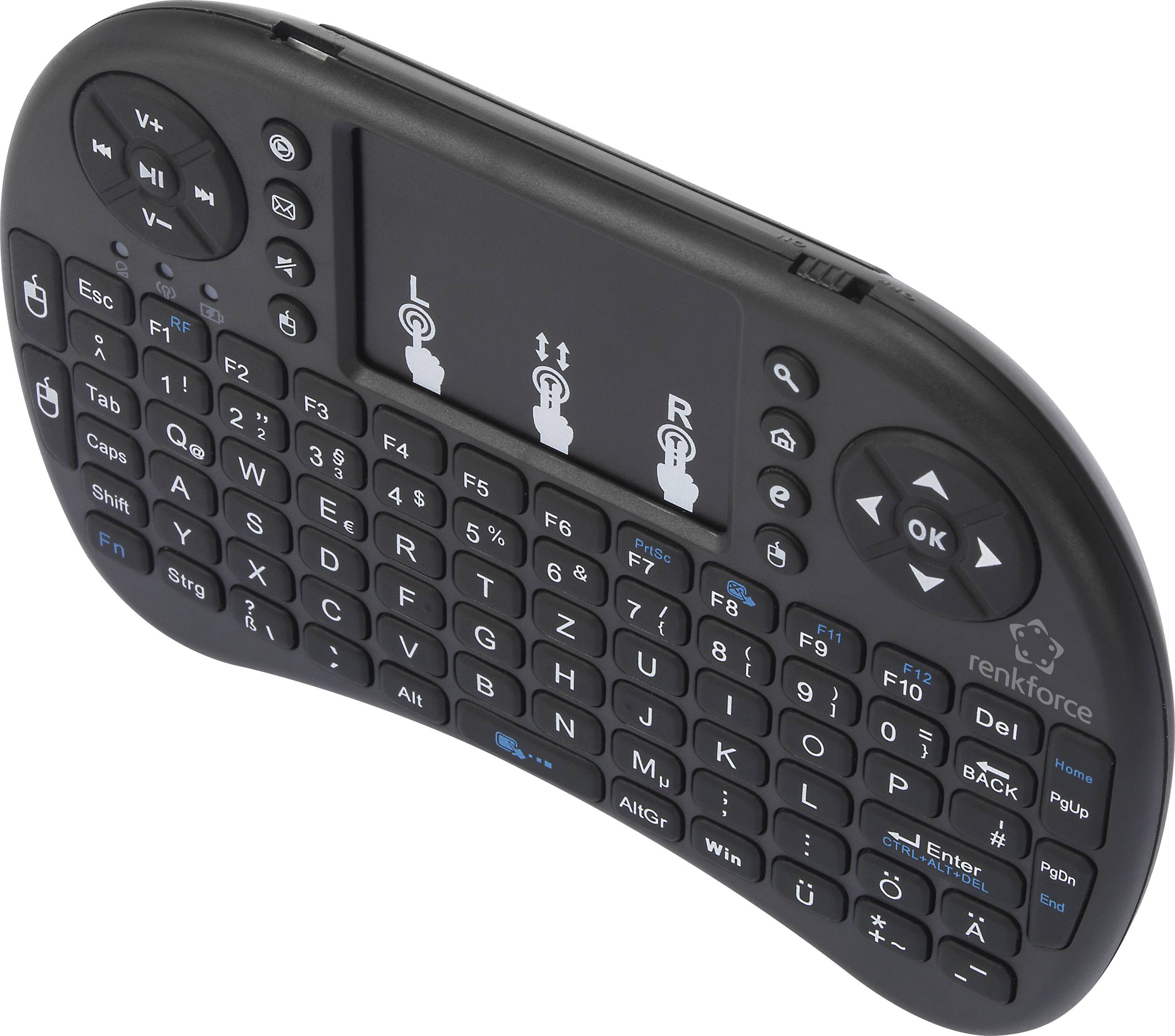 'Small black wireless keyboard with touchpad in the centre, numerous function keys and multimedia controls.'