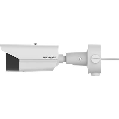 White surveillance camera viewed from the side, with 'Hikvision' text, mounted on a tilting joint for horizontal positioning.