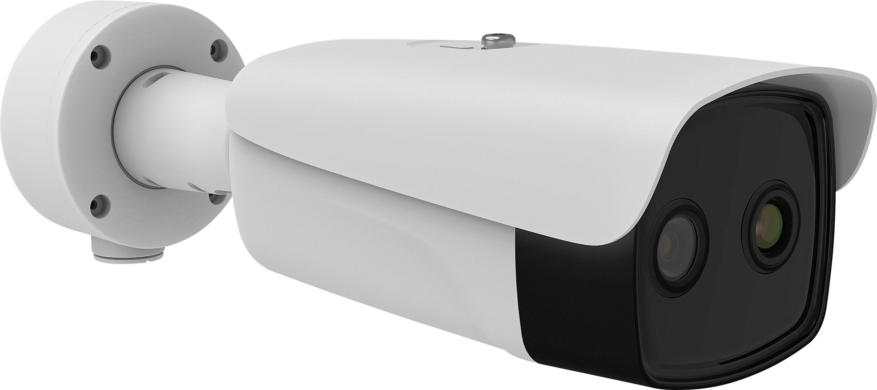 White security camera mounted on the wall. It is facing forward and has two lenses.