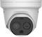 Dome-shaped surveillance camera with two lenses, white in colour, angled downwards, typically used for security purposes.