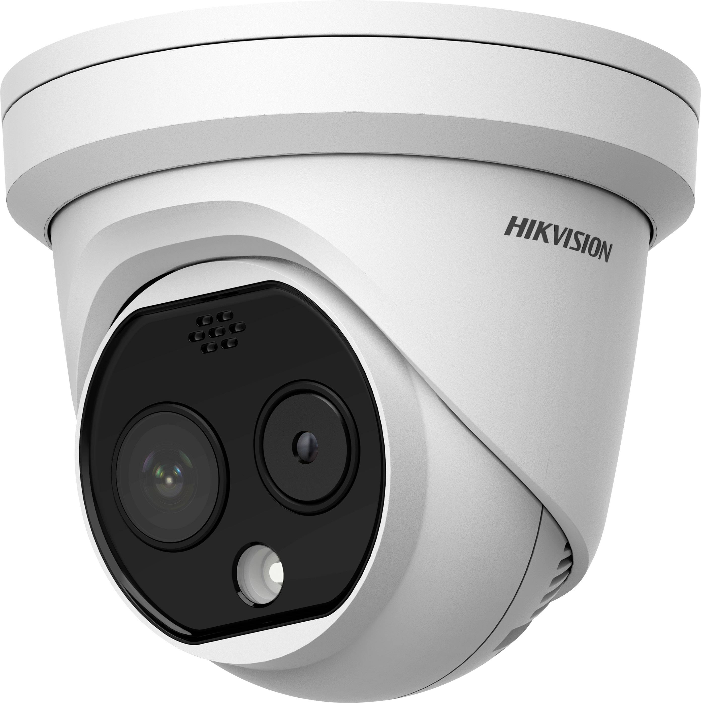 A round surveillance camera with two lenses and brand markings, mounted on the ceiling, for security monitoring.
