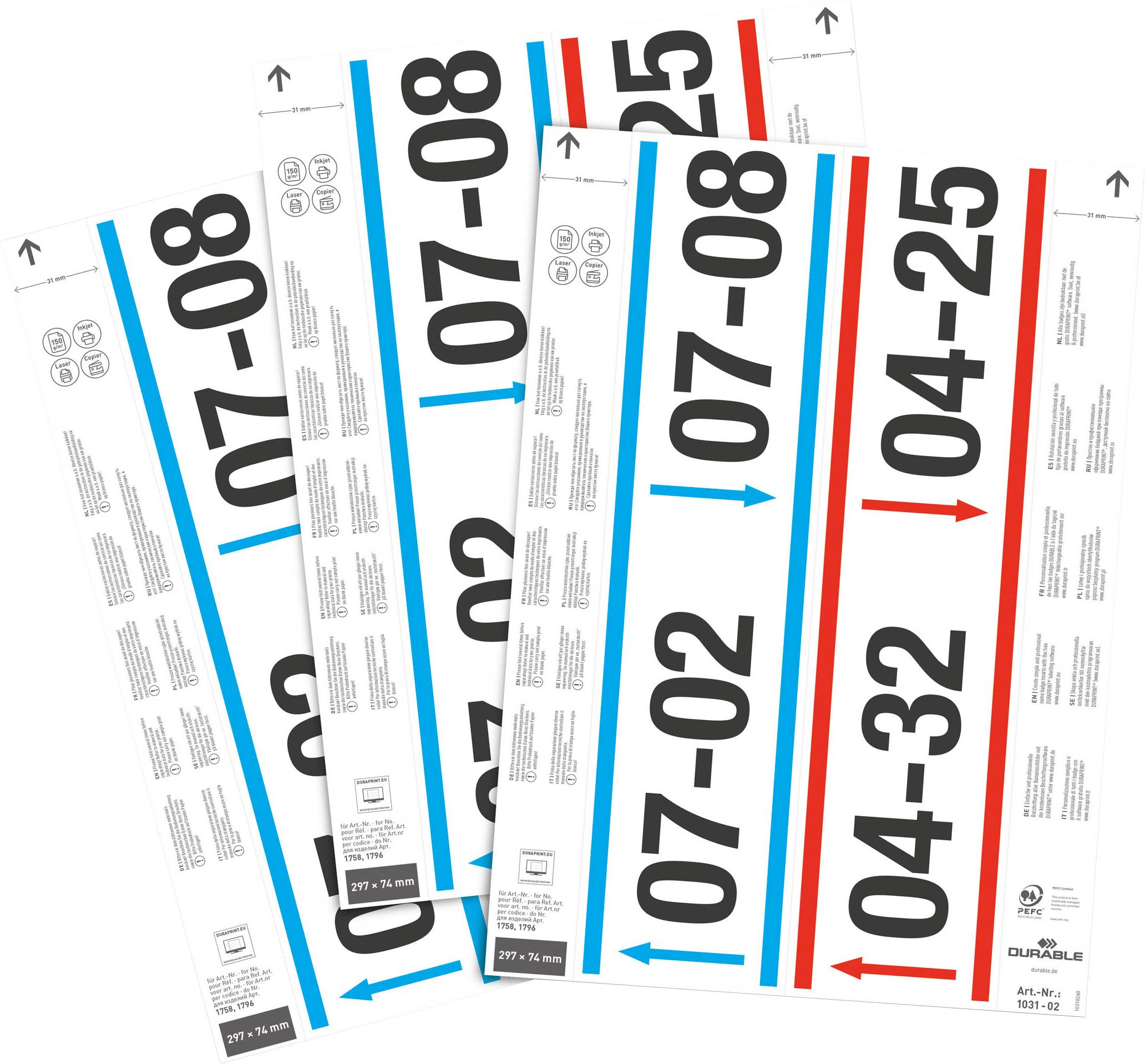Three coloured label sheets annotated with numbers and arrows, presumably for marking or organisational purposes.