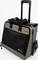 A grey trolley with black accents, zip compartments and an extendable handle, primarily for transportation.