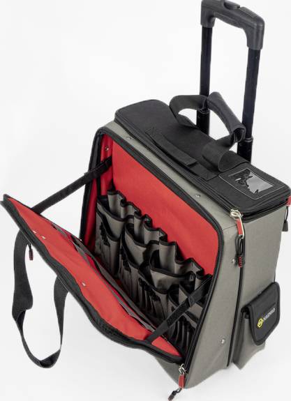 'Photo of an open, rollable suitcase with interior compartments for camera accessories. Main compartment is orange, with a grey exterior.'