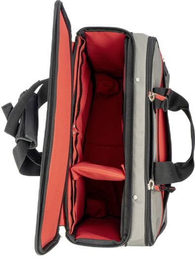 Opened black laptop bag with red interior compartments, two handles and a shoulder strap.