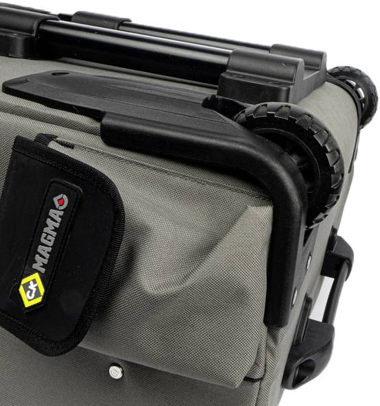 'Magma' DJ bag with sturdy wheels and firm grip, suitable for the secure transportation of equipment. Close-up shows durable material and logo.