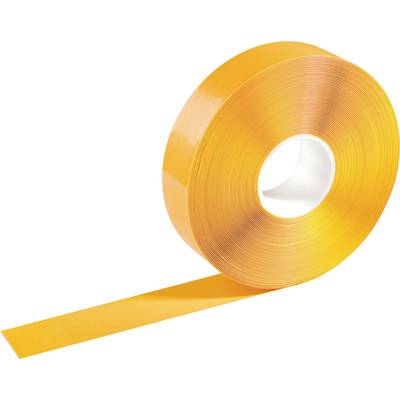 A large roll of orange adhesive tape with a partially unrolled strip, lying on a white surface.