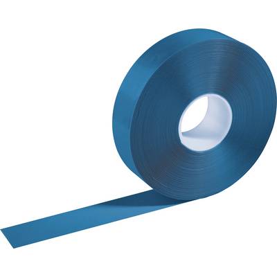 Blue roll of adhesive tape with a piece unrolled on the left side.