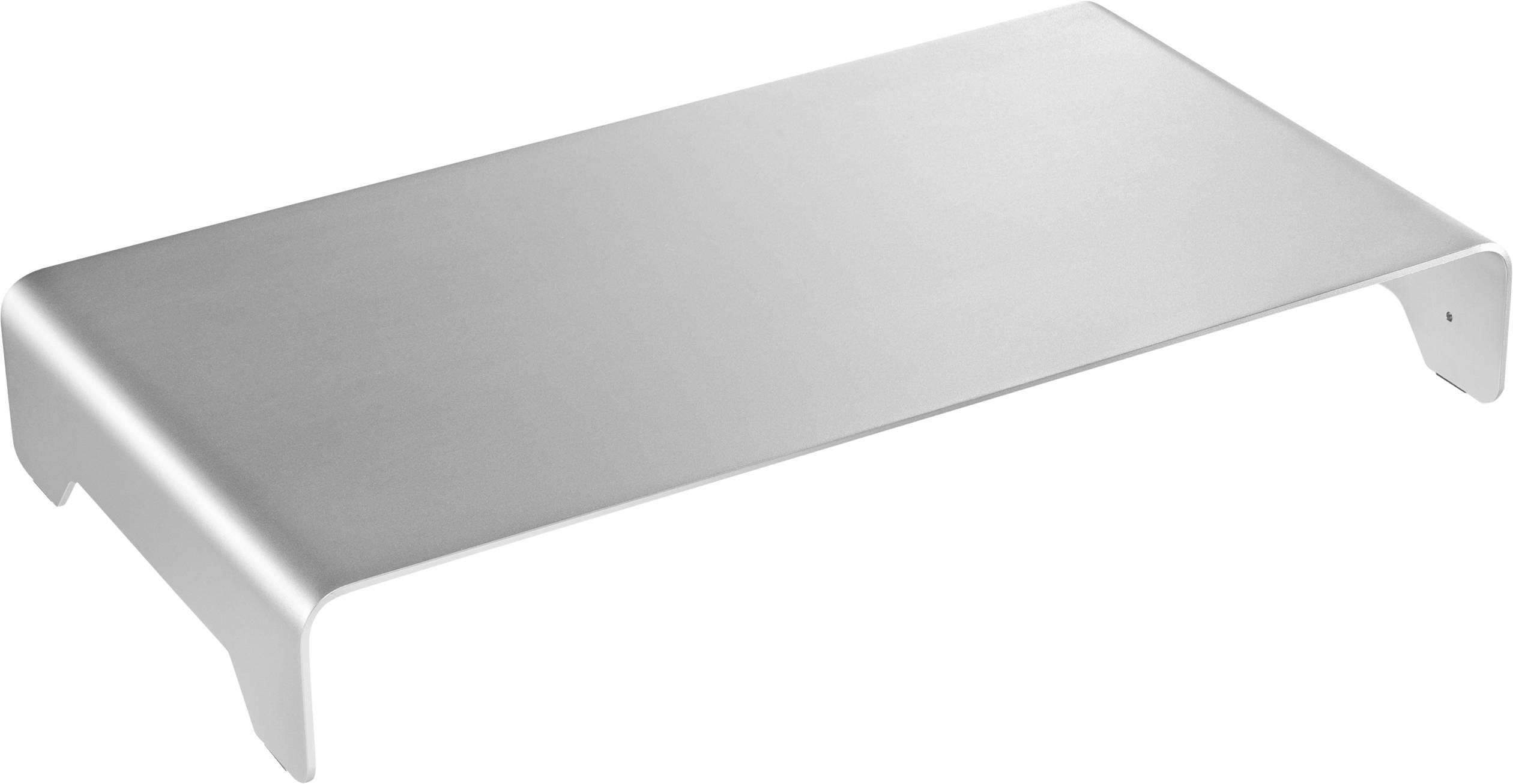 A silver-coloured metal monitor stand with a smooth surface and curved legs, suitable for elevating a screen.