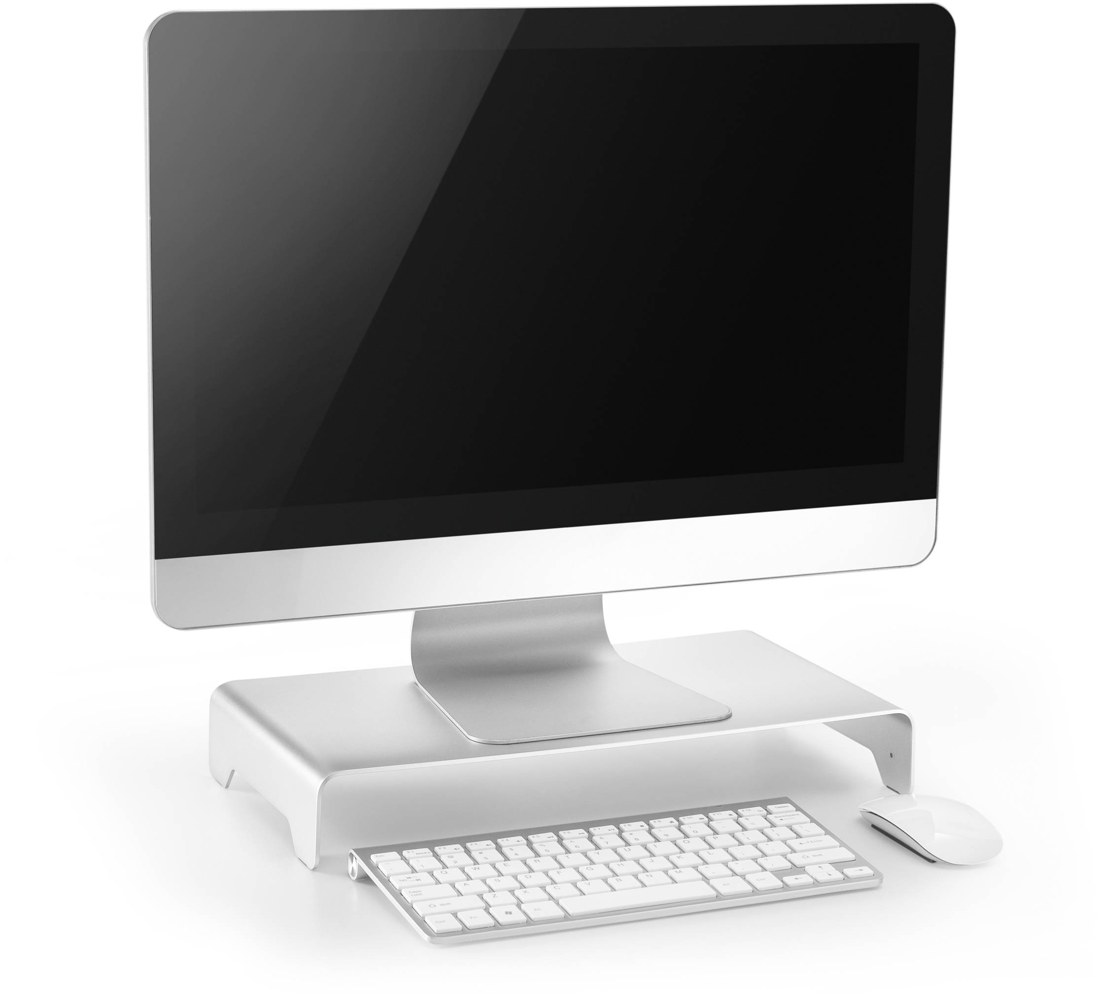 A modern desktop computer with a large flat-screen monitor, a keyboard, and a mouse on a desk.