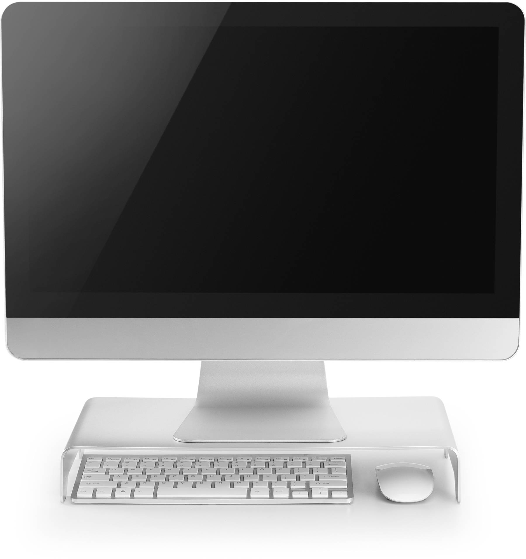A large computer monitor on a white stand, with a keyboard and mouse underneath. The screen is switched off.