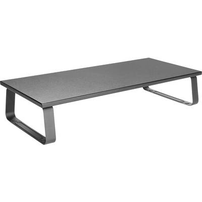 Flat, black metal monitor stand with sturdy legs, designed to elevate screens on a desk.