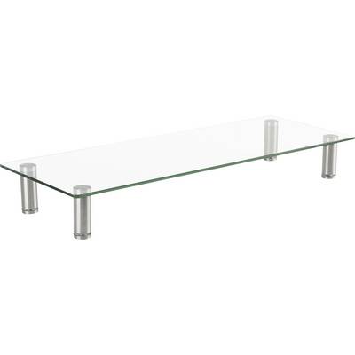 A rectangular glass table with four cylindrical metal legs.